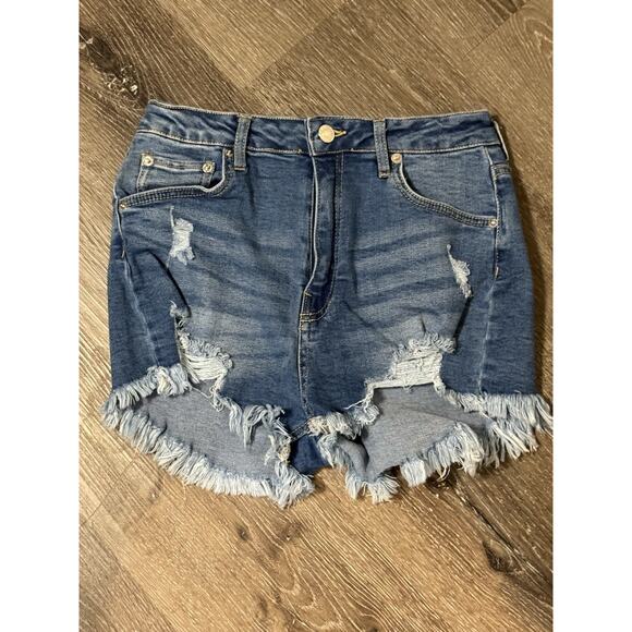 Love Tree Pants - Love Tree Jean Shorts, Cut Offs, Frayed, Distressed, Medium Wash, Stretchy, M